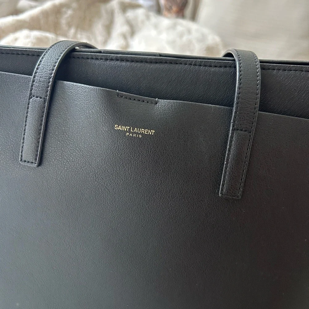 Saint Laurent Black Leather Tote with Gold Logo - Picture 2 of 4